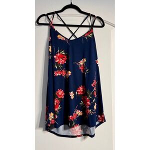 Papermoon Cami Tank Top Women 2X Navy Blue Excellent Floral Strappy Cross Back